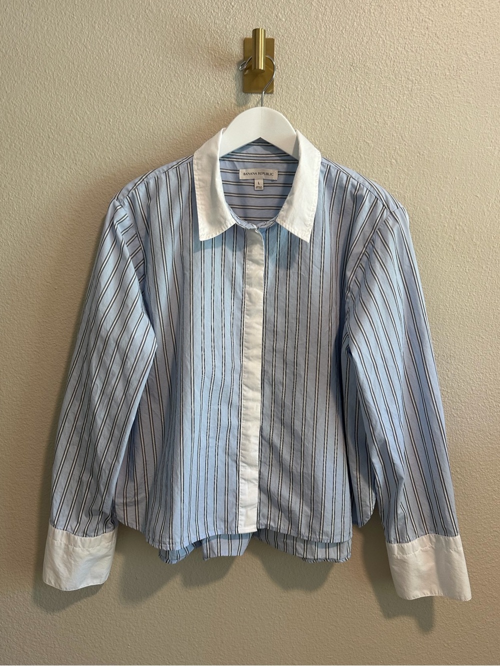 ☀️ NWOT BANANA REPUBLIC Cropped Cotton Striped Poplin Shirt with Elbow Patches